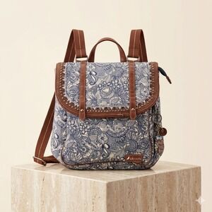 Sakroots Convertible Backpack Crossbody Bag Blue Floral Boho Print Owl Charm
